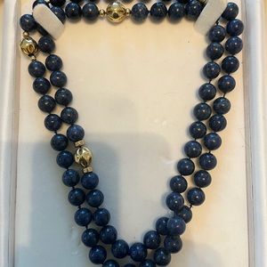 Natural blue lapis necklace with 14k gold stations.